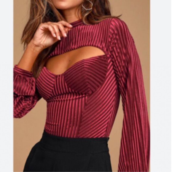 Lulus  Always Alluring Burgundy Striped Velvet Cutout Bustier Bodysuit - Picture 1 of 10